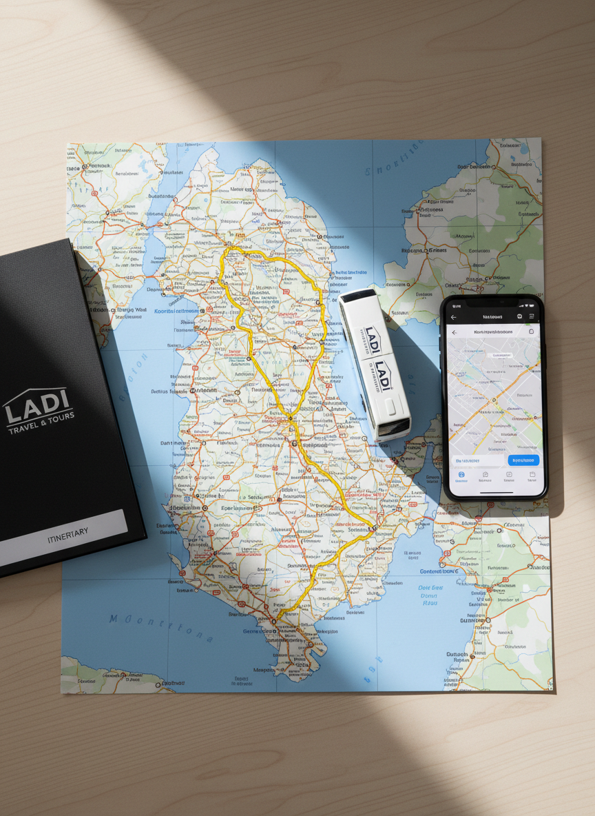An overhead, bird’s-eye view of a detailed road map of Albania and neighboring countries, with a small, glossy miniature tour bus model marked “LADI TRAVEL & TOURS” positioned at the center, tracing a clear route along winding highlighted lines connecting major cities and coastal destinations. A smartphone with an open maps app and a sleek, branded itinerary folder lie nearby on a clean wooden desk. Soft window light from the left creates gentle shadows and subtle reflections on the map’s laminated surface. Photographic realism, crisp focus throughout, conveying organized, professional planning of daily and regional travel services.