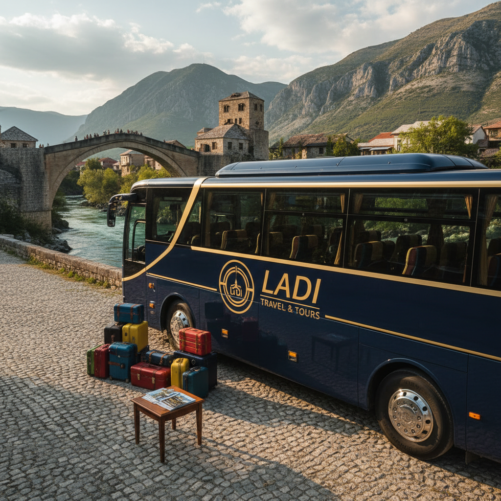 An elegant, decorated tour bus parked near a scenic Albanian landmark, such as a stone bridge over a clear river and distant rugged mountains, with the “LADI TRAVEL & TOURS” logo tastefully displayed on the bus side. Around the bus, there are no people, only neat arrangements of colorful suitcases and a small table with neatly stacked travel brochures. Late afternoon sunlight bathes the scene in a warm, inviting glow, casting long, soft shadows. Photographic realism, captured from a slightly elevated angle with rule-of-thirds composition, creating a vibrant and aspirational mood that suggests organized tours and multi-day regional trips.