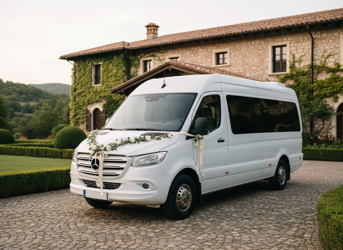 A refined wedding and family event transport scene featuring a spotless white minibus adorned with simple, tasteful floral ribbons on its side mirror and front grille, parked in front of an elegant stone villa with terracotta roof tiles in the Albanian countryside. The cobblestone driveway and manicured hedges frame the vehicle beautifully. Soft, diffused late-morning natural light brightens the white paint and delicate decorations without harsh shadows. Photographic realism, captured from a three-quarter side view with balanced composition and moderate depth of field, highlighting the minibus as a discreet, upscale option for family events and special occasions.
