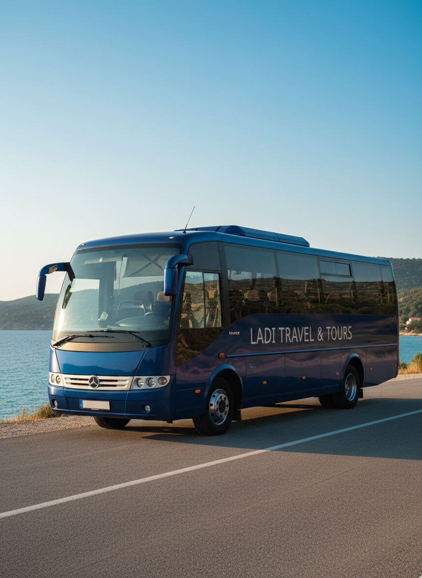A sleek, modern passenger minibus with a glossy deep blue exterior and subtle silver branding reading “LADI TRAVEL & TOURS” on the side, parked neatly on a smooth asphalt surface near a coastal Albanian road. The background shows blurred turquoise sea and gentle hills, with clear blue sky above. Soft golden hour sunlight reflects on the minibus windows and metal details, creating warm highlights and gentle shadows beneath the vehicle. Photographic realism, captured from a slightly low, three-quarter front angle with sharp focus on the vehicle and a softly blurred background, conveying reliability, comfort, and professional daily travel services across Albania and the region.