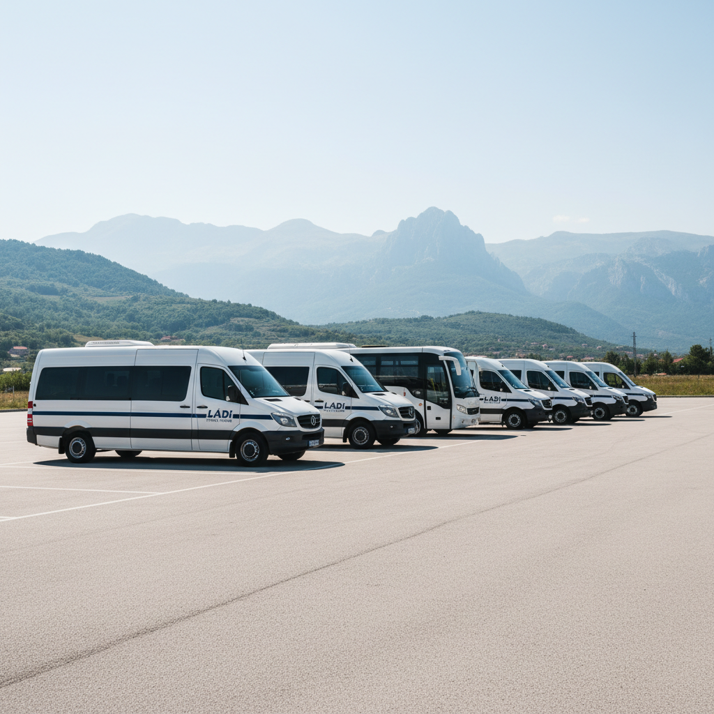 A pristine lineup of modern white and navy passenger vans and minibuses, all featuring clean, minimal “LADI TRAVEL & TOURS” logos on the sides, arranged in a neat diagonal formation on a spacious, well-maintained parking area. In the distance, mountains and green hills typical of the Albanian landscape fade into a soft haze. Bright, clear midday natural light illuminates every surface, emphasizing the polished paintwork and tinted windows. Photographic realism with an eye-level wide-angle composition, sharp focus throughout, and a professional, organized mood that highlights fleet variety for passenger transport, tours, and family events.