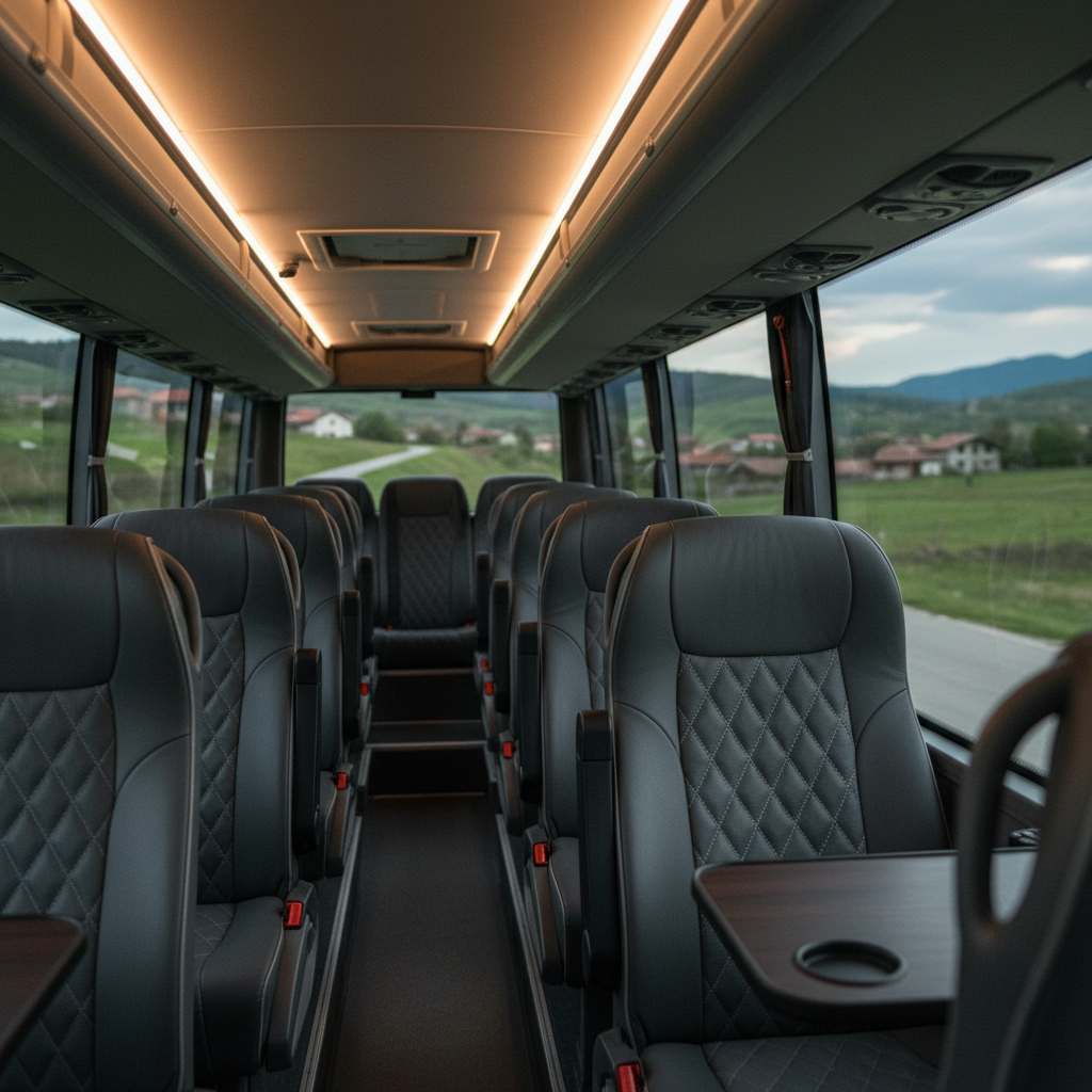 A close-up interior view of a luxury tour minibus cabin, showcasing plush dark gray fabric seats with subtle stitching, adjustable headrests, and small foldable tables. Overhead, soft LED strip lighting casts a gentle, warm glow, reflecting off clean, matte-finish luggage racks. Large side windows reveal a softly blurred Albanian countryside with rolling green hills and winding roads. Photographic realism, shot from the front aisle looking toward the back with a shallow depth of field that keeps the nearest seats in sharp focus. The mood is calm, comfortable, and professional, emphasizing high-quality passenger transport for daily travel and regional tours.